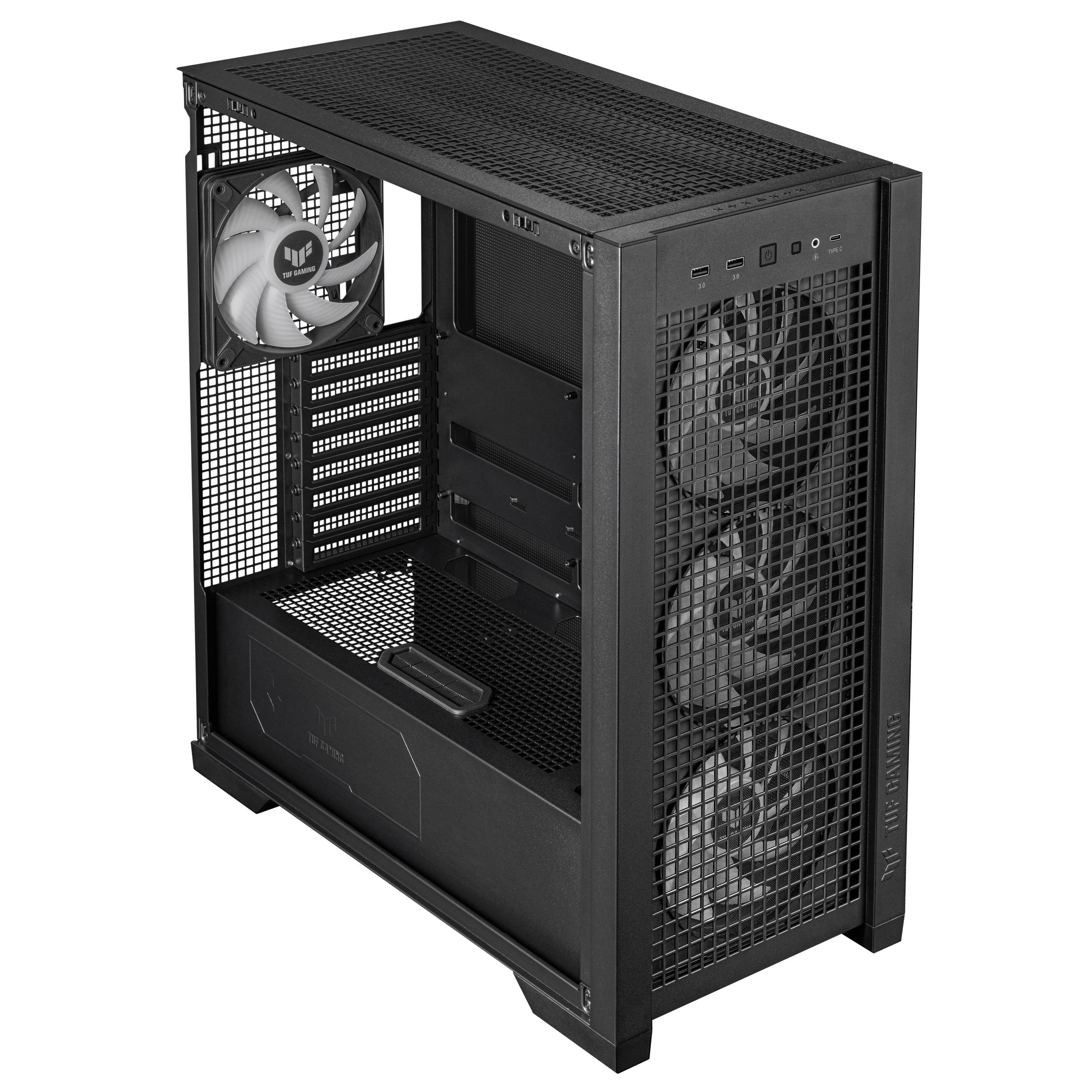 Zwart computerbehuizing met zichtbare ventilatoren aan de voorkant en achterkant; geschikt voor gaming-setups of krachtige pc-componenten.