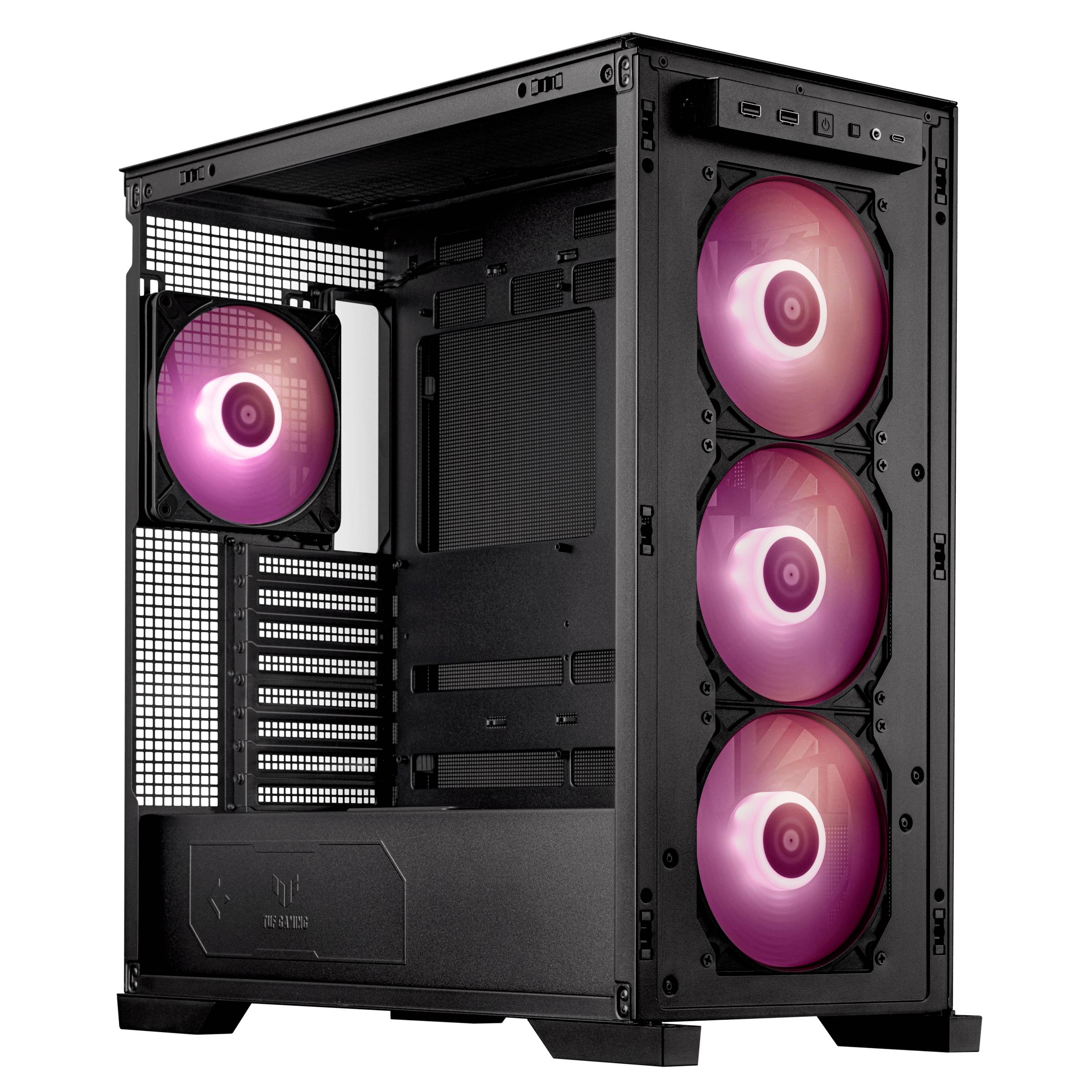 Een open pc-behuizing met vier roze LED-ventilatoren. Drie ventilatoren vooraan, één achteraan. Geen geïnstalleerde computerhardware zichtbaar.