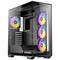 Een transparante pc-behuizing met meerdere geïnstalleerde ventilatoren met RGB-verlichting, geschikt voor gaming-setups.