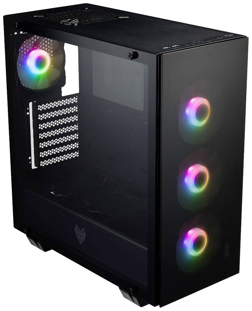 Zwart pc-behuizing met drie RGB-verlichte ventilatoren aan de voorkant en één aan de achterkant. Zijwand van glas.