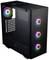 Zwart pc-behuizing met drie RGB-verlichte ventilatoren aan de voorkant en één aan de achterkant. Zijwand van glas.