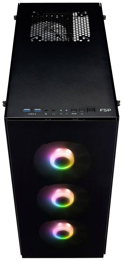 Zwart computerbehuizing met drie verlichte RGB-ventilatoren aan de voorkant en aansluitingen bovenaan.
