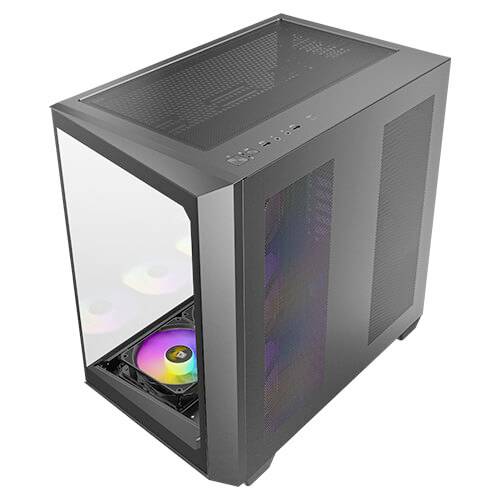 Zwart pc-behuizing met zijdelings glazen raam, toont kleurrijke RGB-ventilatie-elementen. Ideaal voor gaming-setups.