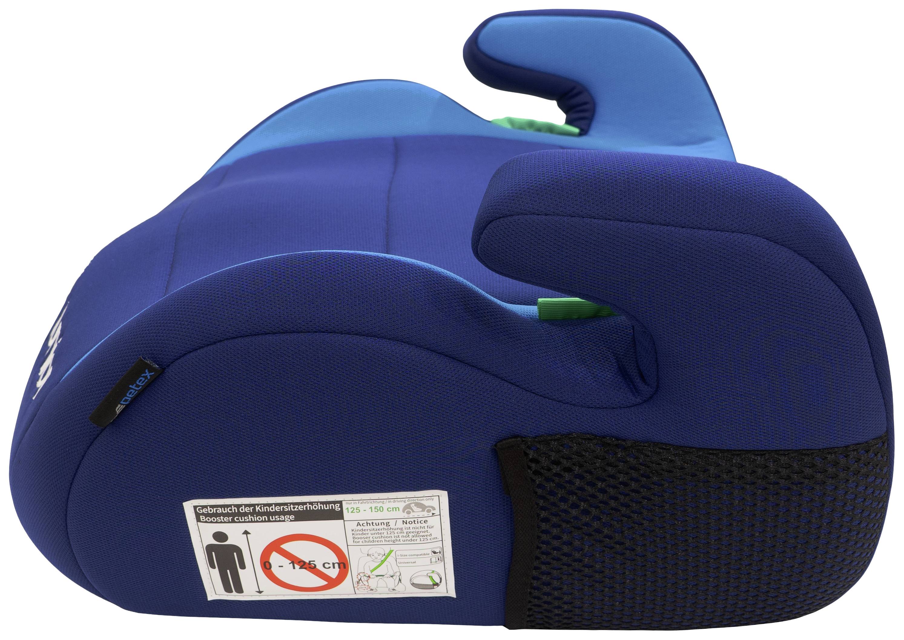 Kinderzitverhoging in blauw met armsteunen. Sticker toont gebruiksaanwijzingen en waarschuwing dat het product niet geschikt is voor bepaalde gewichtsgroepen.
