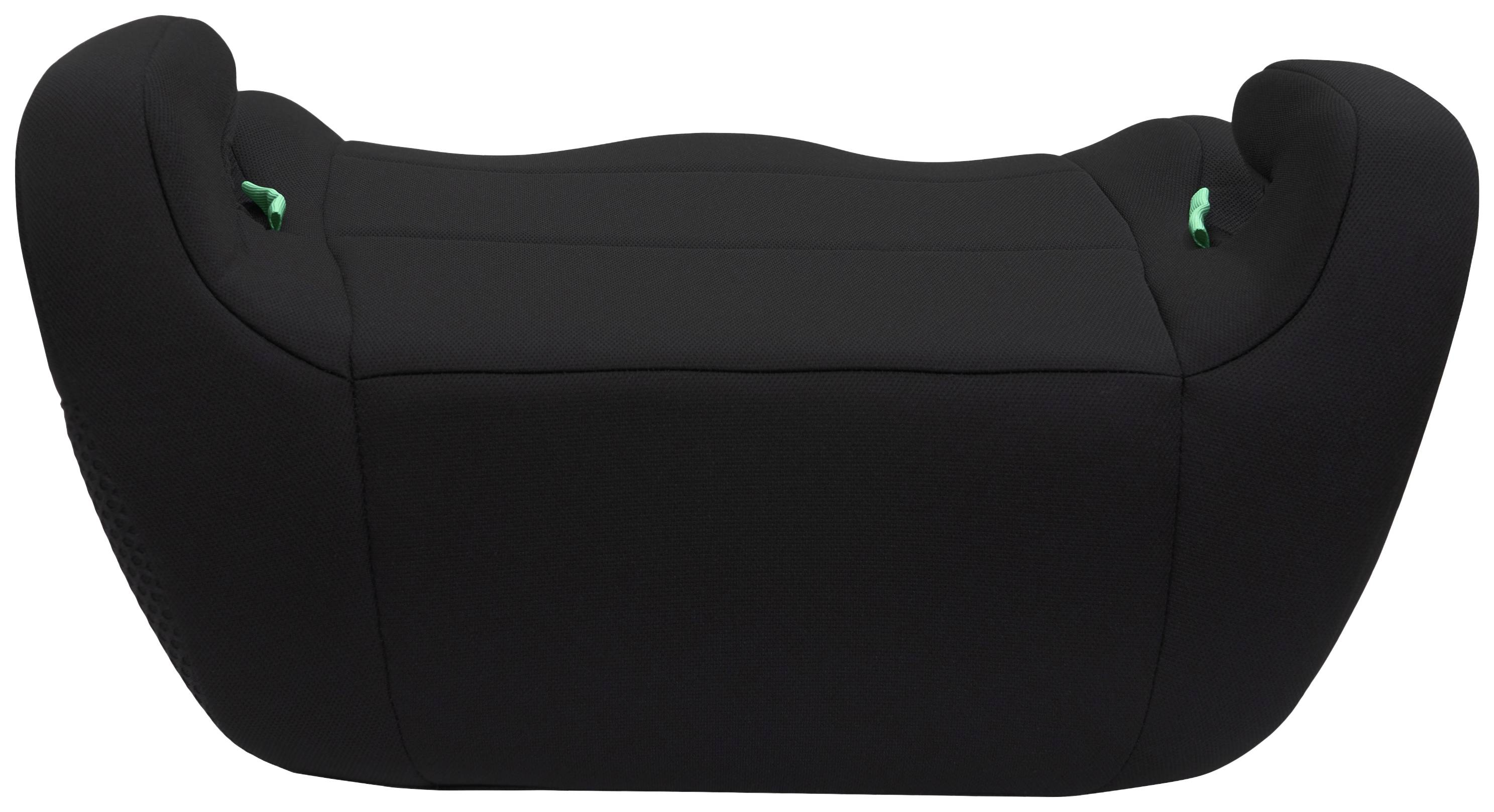 Een zwarte autokinderzitverhoger, gezien van achteren. Hij heeft een afgeronde vorm met twee groene verbindingsclips.
