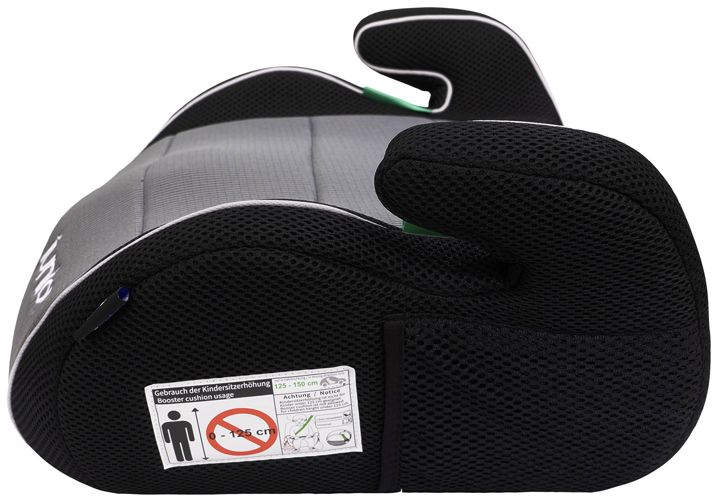 Zwarte kinderstoel met grijze details, zijaanzicht. Een sticker geeft aan 'Voor kinderen 7-12 jaar (22-36 kg)'.