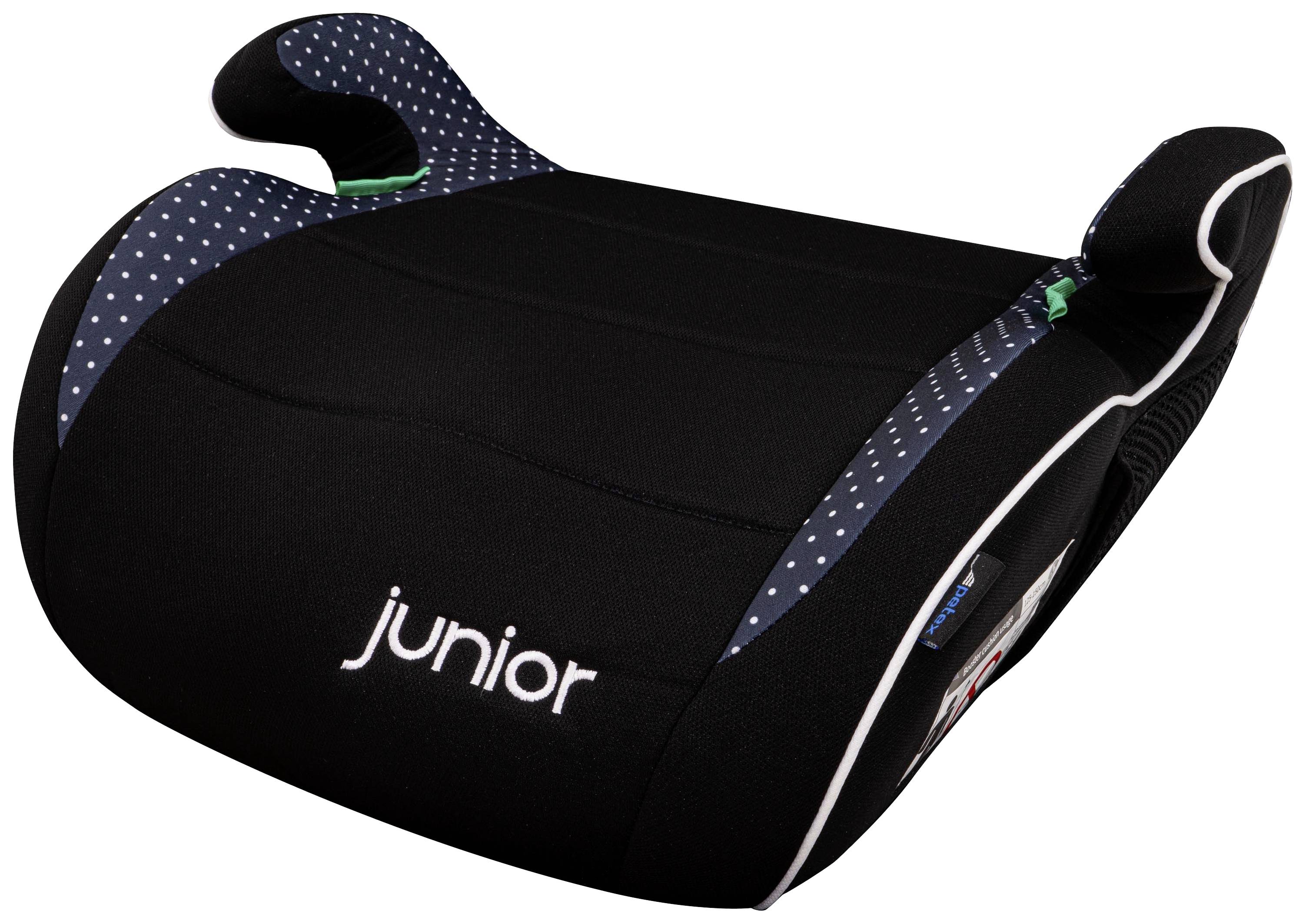 Zwarte kinderstoel met stippen en zijdelingse armleuningen. Opschrift 'junior'.