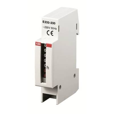 Een elektronische teller voor 230V en 50Hz, CE-gemarkeerd. Wit behuizing met digitale urenteller.