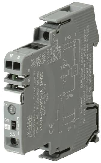 Elektronisch beschermingsapparaat van ABB met aansluitklemmen en diagram op de zijkant. Modelnummer EPD24-1-B-10-13A-24VDC, 3A.