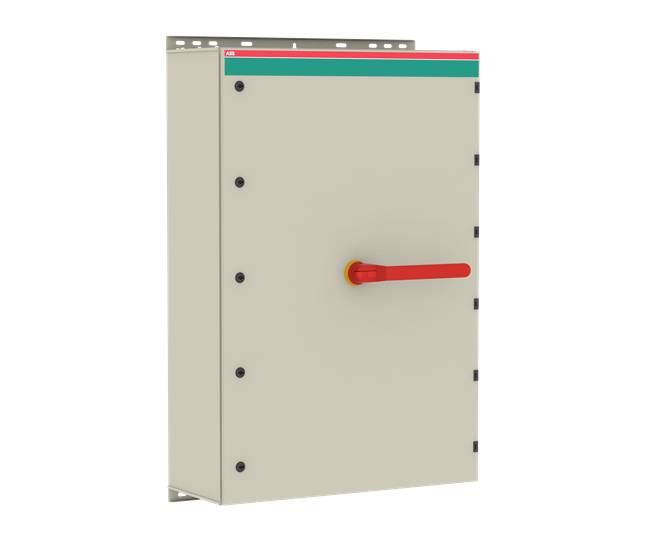 Een grijs-beige schakelkast met rode handgreep en kleurgemarkeerde bovenkant, rode en groene strepen, voor de besturing van elektrische systemen.