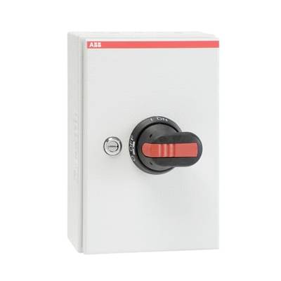Een elektrische schakelkast met een grote zwarte schakelaar die op 'UIT' staat. Links bovenaan is een rood-wit logo zichtbaar.