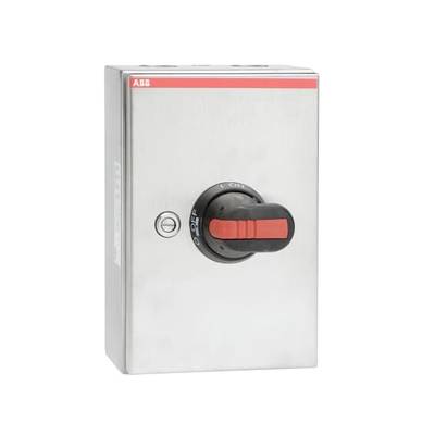 Een zilveren elektrische schakelkast met een rode draaiknop. De schakelaar heeft posities '0' en 'I' voor Uit en Aan.
