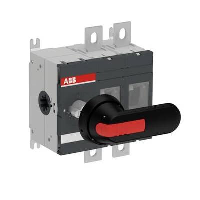 Een zwarte ABB-beschermschakelaar met rode hendel wijst naar rechts, gemonteerd op een grijze metalen constructie.
