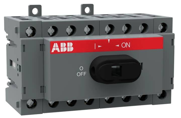 Een grijze ABB-schakelaar, gedeeltelijk omgeklapt, met opschriften 'ON' en 'OFF'. Hoofdonderdeel van een elektrisch schakelsysteem.