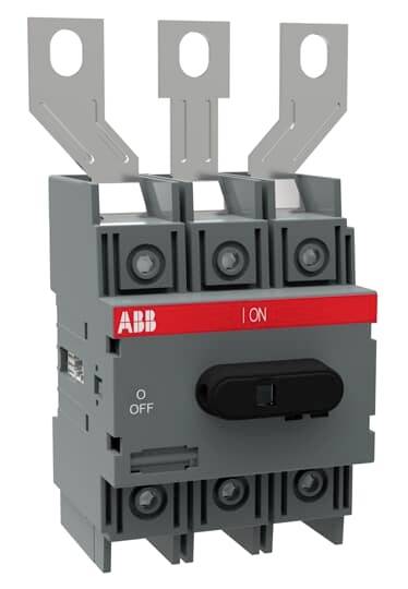 Een driepolige, grijze automatische lastscheidingsschakelaar met 'AAN/UIT'-schakelaar; geschikt voor het onderbreken van elektrische stroomkringen.