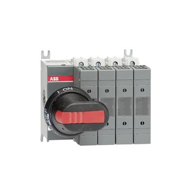 Een elektrische schakelaar met een rode handgreep, die schakelbaar is tussen de posities 'AAN' en 'UIT', gemonteerd op een grijze basis.
