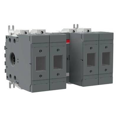 Twee naast elkaar gemonteerde grijze elektrische schakelaars of vermogensschakelaars, elk voorzien van twee transparante vensters aan de voorkant.
