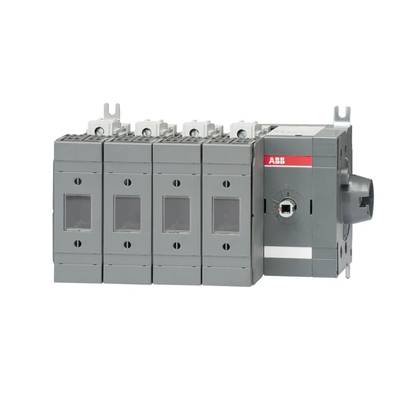 Een elektrische lastscheidingsschakelaar in grijze kleur, bestaande uit meerdere polen, met zichtbare ABB-merkaanduiding.