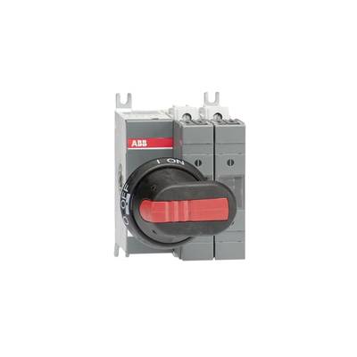 Een elektrische lastscheidingsschakelaar met rode draaigreep van het merk ABB, toont de standen 'AAN' en 'UIT', voor het schakelen van elektrische circuits.