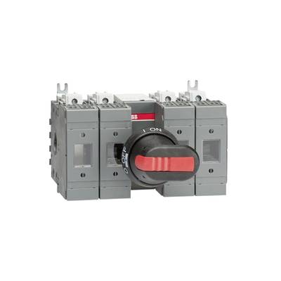 Grijze lastscheidingsschakelaar met rode draaigreep, ingesteld op 'AAN'. Beschikt over zijdelingse aansluitingen voor elektrische bedrading.