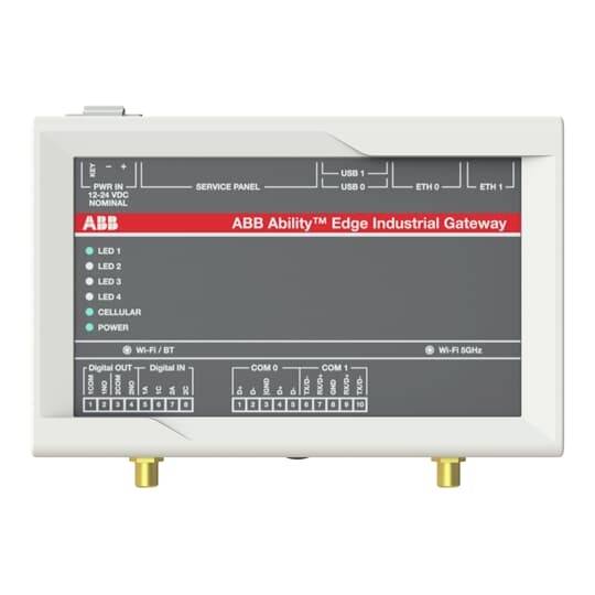 Een industrieel gateway-apparaat met het opschrift 'ABB Ability™ Edge Industrial Gateway'. Toont meerdere aansluitingen en bedieningspanelen.