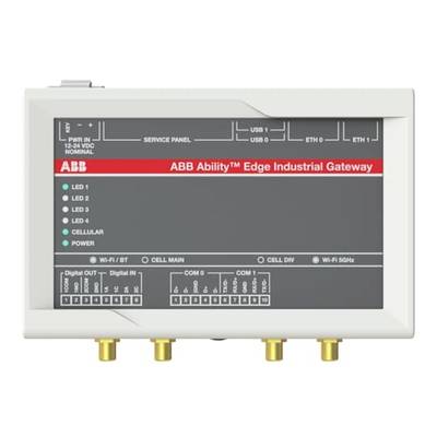 Industrieel gateway-apparaat met ABB-logo. Toont LED-indicatoren en aansluitingen voor Ethernet, USB en mobiele netwerkverbindingen.