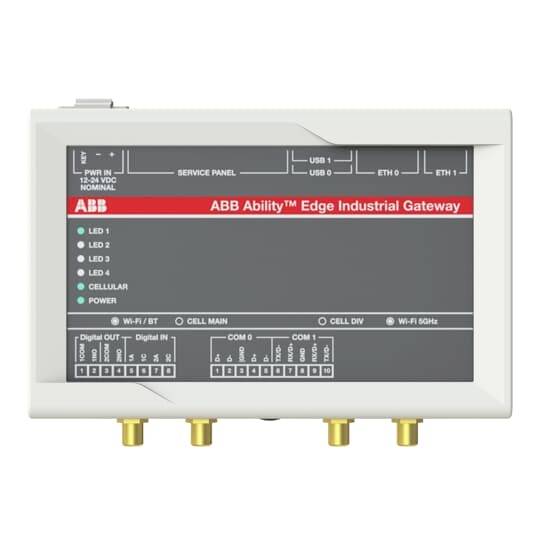 Industrieel gateway-apparaat met indicatorlampjes en aansluitingen voor USB, Ethernet en mobiele datacommunicatie, gelabeld met 'ABB Ability™'.