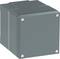 Een grijs, kubisch metalen behuizing met afgeronde hoeken en vier zichtbare schroeven aan de voorkant.