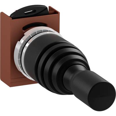 Joystick met zwarte handgreep en rood-bruin behuizing, geschikt voor industriële bedieningsapplicaties.
