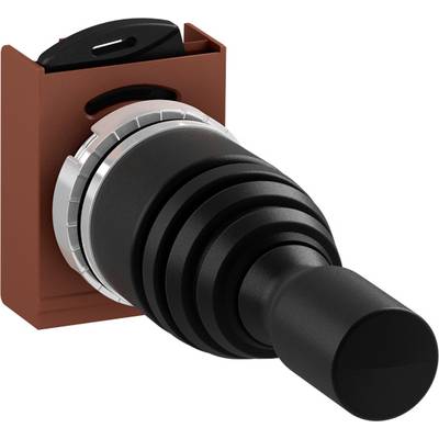 Joystick in rood en zwart tegen een witte achtergrond. Wordt gebruikt voor het besturen van elektronische apparaten of machines.