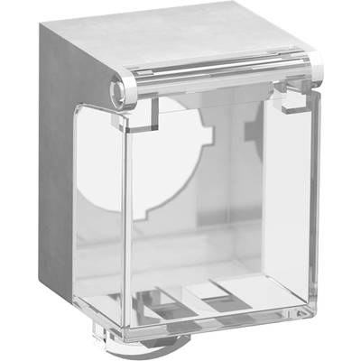 Een transparante kunststof beschermkap voor wandcontactdozen, die eenvoudig openen en sluiten mogelijk maakt bij gelijktijdige bescherming.