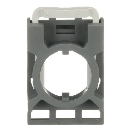 Een grijs-witte kunststof behuizing met een ronde opening in het midden, geschikt voor modulaire elektrische componentenmontage.