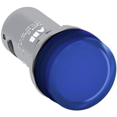 Blauwe drukknop met zilveren behuizing, geschikt voor schakelpanelen of besturingsapparatuur.