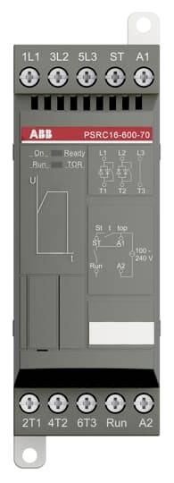 Productafbeelding van een ABB PSRC16-600-70 softstarter met aansluitingen en bedieningselementen voor motoraansturing.