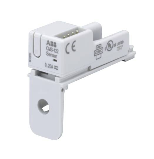 Een witte elektrische sensor van ABB, model CMS-122, met aansluitklemmen en symbolische keuringszegels aan de zijkant.