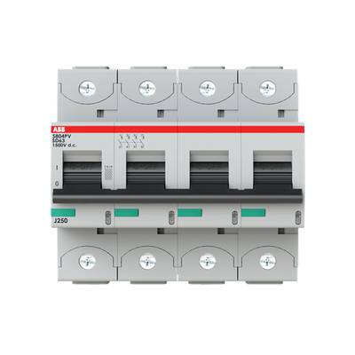Een vierpolige ABB-vermogensschakelaar S804PV-SD31, geschikt voor gelijkstroom tot 1500 V DC, met groene aanduiding voor nominale stroomgebied.