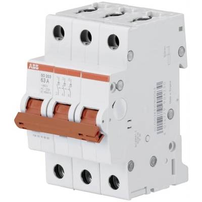 Een driepolige vermogensschakelaar van het merk ABB, model SD 203 met een stroomsterkte van 63 A, geschikt voor 400 V AC.