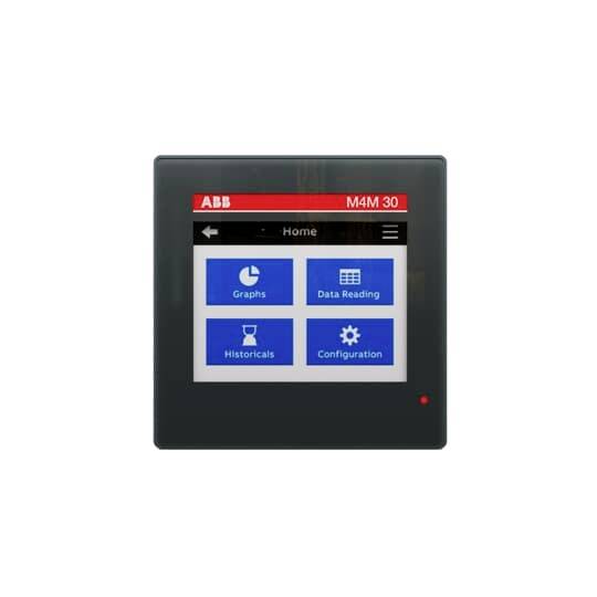 Een digitaal meetapparaat met display toont vier opties: 'Grafieken', 'Dataweergave', 'Historische gegevens' en 'Configuratie'. Bovenaan staat 'ABB M4M 30'.