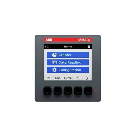 Zwart digitaal bedieningspaneel met display; toont opties 'Grafieken', 'Gegevens lezen', 'Configuratie'. Vijf toetsen eronder.
