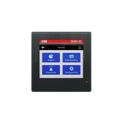 Een digitaal bedieningspaneel van een ABB-meetinstrument met opties: 'Grafieken', 'Dataweergave', 'Historiek', 'Configuratie'.