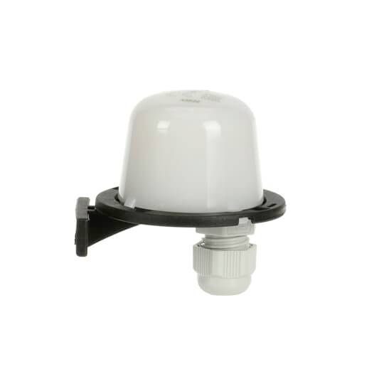 'Witte plastic afdekdome met zwarte bevestiging en kabelwartel, mogelijk een elektronisch onderdeel.'