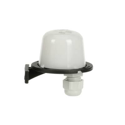 'Witte plastic afdekdome met zwarte bevestiging en kabelwartel, mogelijk een elektronisch onderdeel.'