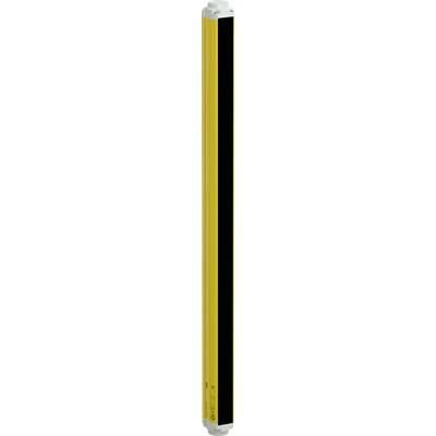 Een verticaal veiligheidslichtgordijn met een gele behuizing en zwarte streep. Wordt in machines gebruikt om gevaren te voorkomen.