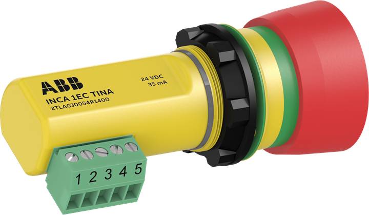 Noodstop-knop in geel-rood met groene 5-polige aansluitklem, ABB-logo en productdetails zichtbaar aan de zijkant.