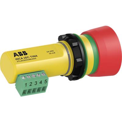 Noodstop-knop in geel-rood met groene 5-polige aansluitklem, ABB-logo en productdetails zichtbaar aan de zijkant.