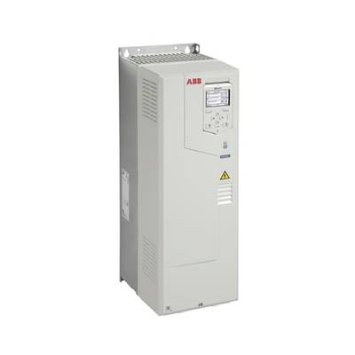 Een grijze ABB-frequentieomvormer met display, bedieningsknoppen en ventilatiesleuven. Hoofdcomponent in industriële besturingssystemen.