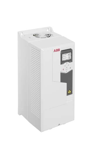 Een witte industriële frequentieomvormer met bedrijfslogo, besturingsdisplay en ventilatiesleuven. Hoofdzakelijk gebruikt voor motorbesturing.