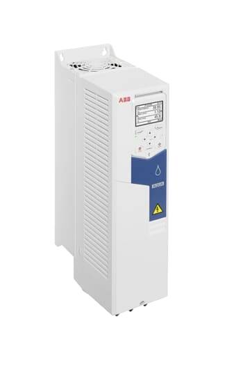 Een witte, rechthoekige frequentieomvormer met een blauw bedieningspaneel en rode markeringen, van een technisch merk.