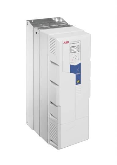 Een grijze elektrische frequentieomvormer met display en bedieningselementen, voor het regelen van motoren in industriële toepassingen.