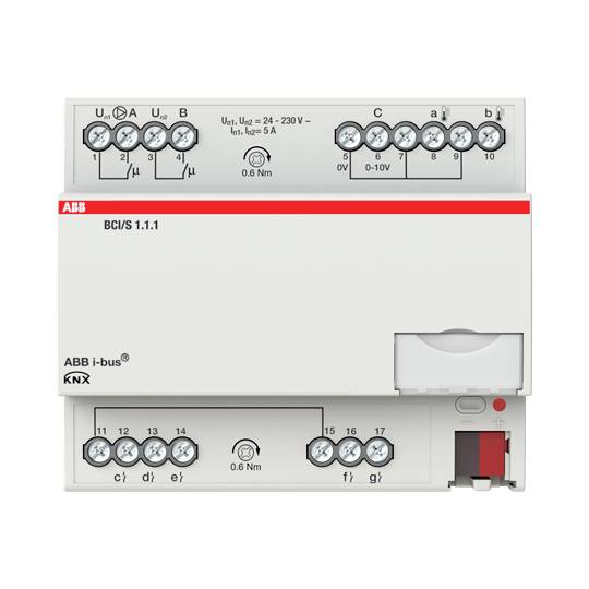 ABB KNX Busaankoppelaar BCI/S 1.1.1, toont aansluitklemmen en bedrijfsindicator. Besturing voor intelligente gebouwautomatisering.